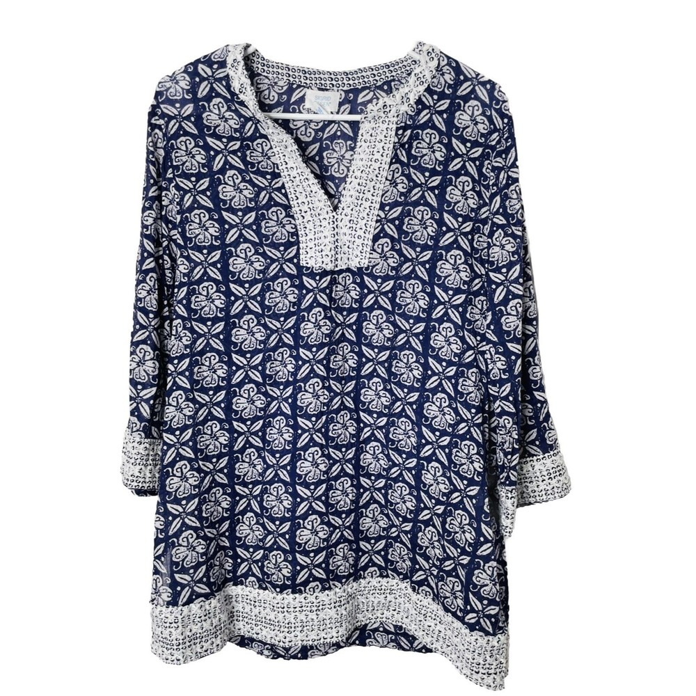 Sigrid Olsen Boho Tunic Sz L Henley Neck Embroidered Trim Floral Geometric Women
